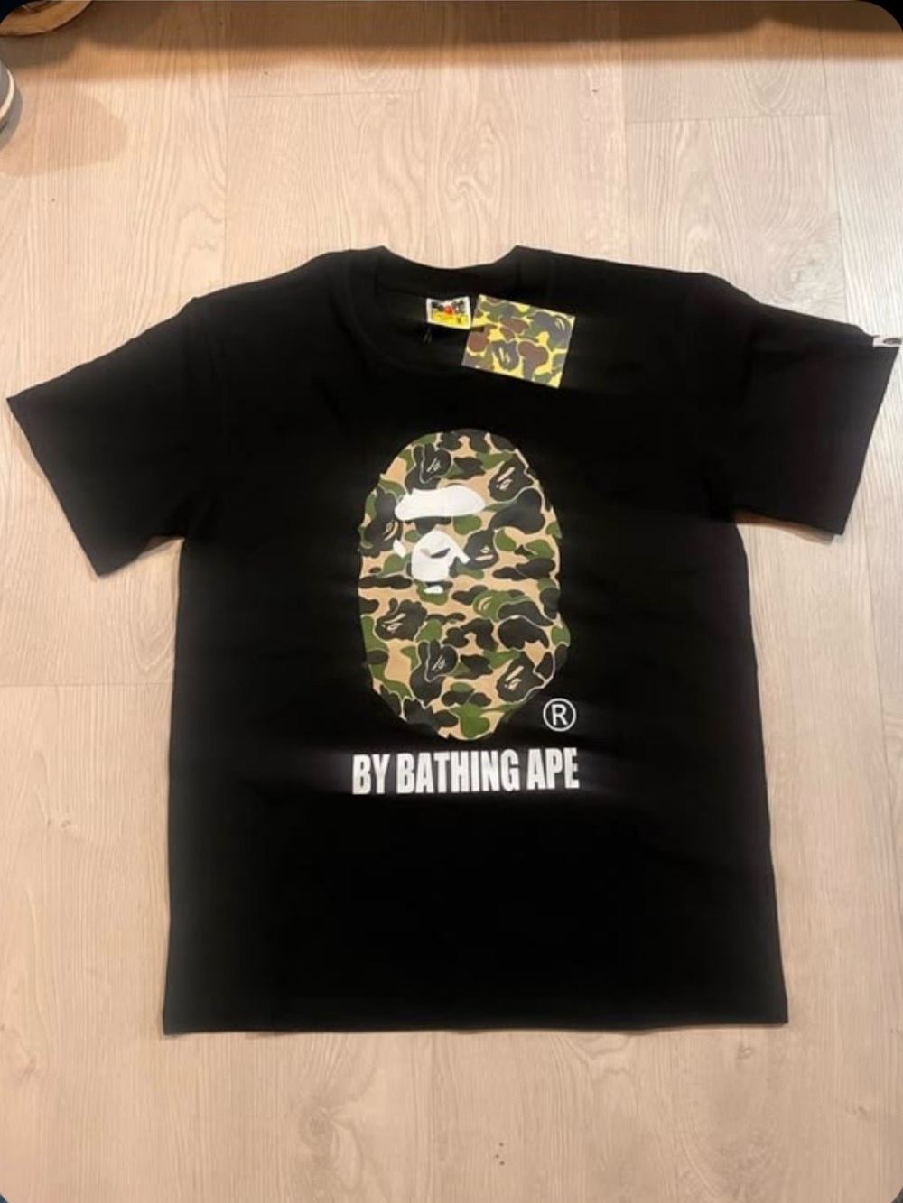 Bape Black Tee with Green Camo Ape Head Graphic